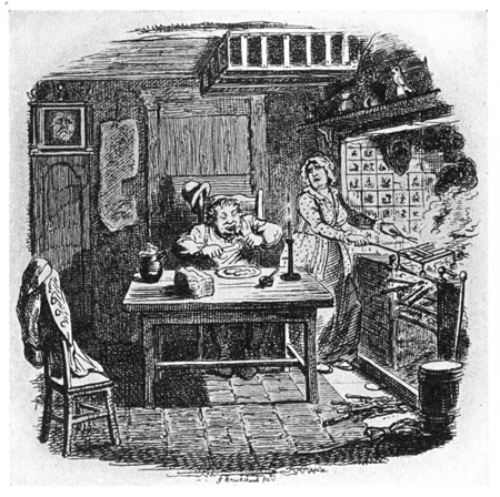 EXCHANGE NO ROBBERY. From "Points of Humour,"
1823. The unfaithful wife has concealed her lover in the clock.
The husband, who has unexpectedly returned, devours bacon
at 1 A.M., while she is in an agony of apprehension.