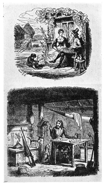 (a) CRUSOE'S FARMHOUSE.

(b) CRUSOE IN HIS ISLAND HOME.

From "Robinson Crusoe," 1831.