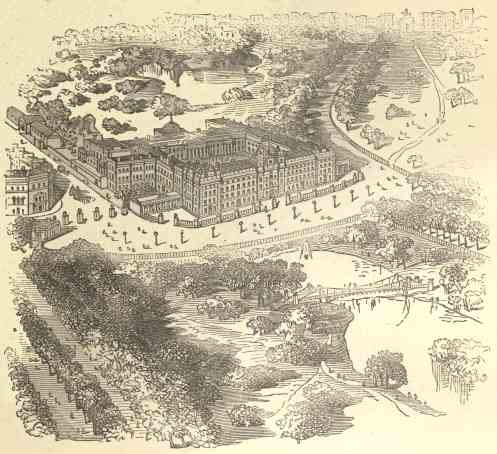 Buckingham Palace, and West End of St. James&rsquo;s Park.
(Queen&rsquo;s Garden and Hyde Park Corner in the distance.)