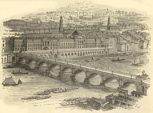 Somerset House, King&rsquo;s College, Waterloo Bridge, &c.
(St. Clement&rsquo;s and St. Mary&rsquo;s Churches in the
distance.)