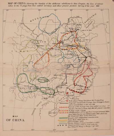 MAP OF CHINA Showing the locality of the different
rebellions in that Empire, the line of retreat taken by the Ti-pings
from their settled territory, and their present position Spring of the
year 1866.