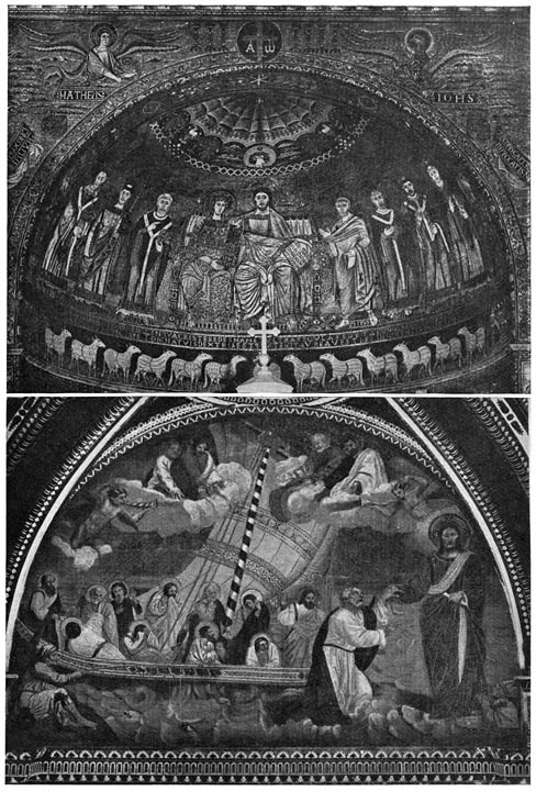 57. (1) Mozaïek in S. Maria in Trastevere. (2) Giotto&rsquo;s Navicella in de St. Pieterskerk, Rome.