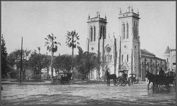 One of the little squares&mdash;and the big cathedral&mdash;San Antonio