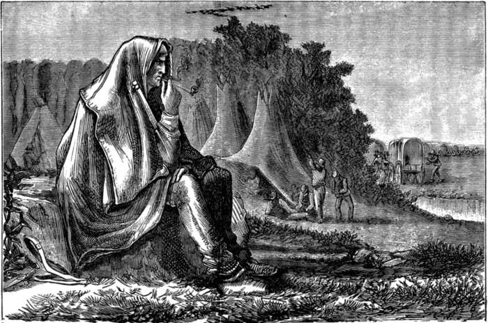 Indian pondering
invading wagon trains and hunters.
