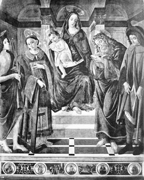 MONTELUPO &mdash; CHIESA DI S. GIOVANNI EVANGELISTA.
BOTTICELLI: MADONNA COL BAMBINO E SANTI. (Fot. Alinari).