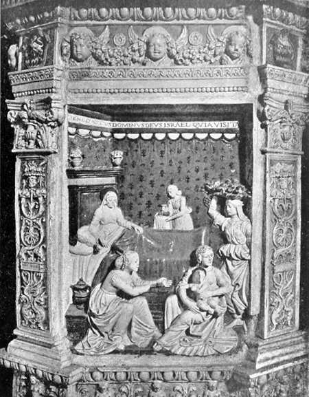 CERRETO-GUIDI &mdash; CHIESA DI S. LEONARDO &mdash; NASCITA DI S. GIOV. BATTISTA. PARTICOLARE DEL FONTE BATTESIMALE.