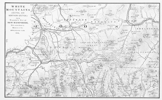 WHITE MOUNTAINS

(CENTRAL AND NORTHERN SECTION.)

FROM
Walling’s Map of
NEW HAMPSHIRE,
With corrections by
Members of the
APPALACHIAN CLUB.
1881.