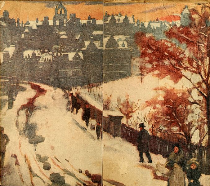opening endpapers snowy lane with city ahead