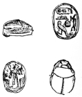 Fig. 39.&mdash;Egyptian Scarabæi used as Signets. Average, ¾
inch in length. Pale and dark green. (Way Coll., Boston Museum of Fine
Arts.)