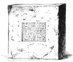 Fig. 54.&mdash;Babylonian Baked Brick, with Nebuchadnezzar’s
Name. Twelve inches square, three inches thick.