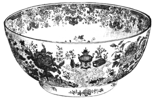 Fig. 99.&mdash;Chinese Bowl. Rich Decoration, chiefly Yellow
and Rose. Height, 11 in.; circumference, 5 ft. 8 in. (Mrs. John V. L.
Pruyn Coll.)