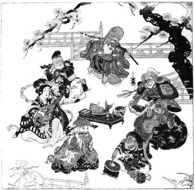 Yebis. Shiou-ro. Bis-jamon.

Benten. Tossi-toku. Daikoku. Hotei.

Fig. 110.&mdash;Picnic of the Household Gods of Japan.