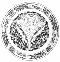 Fig. 141.&mdash;Persian Plaque. Central Section, Blue; Side
Section, Green; Scroll-work, Brown. (Boston Museum of Fine Arts.)