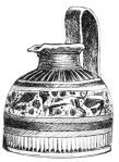 Fig. 185.&mdash;Greek Oinochoe. Painting, Black and Reddish
Brown. Height, 7½ in. (Appleton Coll., Boston Mus. of Fine Arts.)