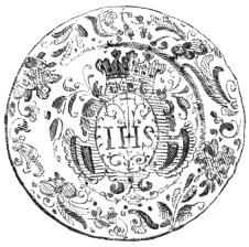 Fig. 191.&mdash;Spanish Majolica. Dark-blue and Brown Painting
on White. (J. W. Paige Coll., Boston Museum of Fine Arts.)