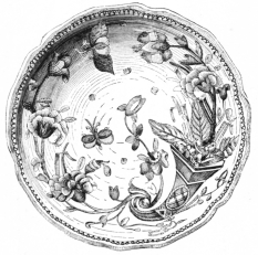 Fig. 235.&mdash;Rouen Faience. Decoration, à la corne.
(Trumbull-Prime Coll., N. Y. Metropolitan Museum.)