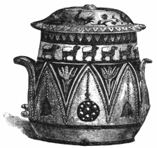 Fig. 319.&mdash;Posset-pot. Staffordshire. Fifteenth century.
(Bateman Coll.)