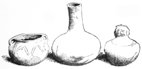 Fig. 403.&mdash;Mound-builders’ Vases, from Southern Missouri.
Centre piece, height, 9 inches. (Mrs. J. V. L. Pruyn Coll.)