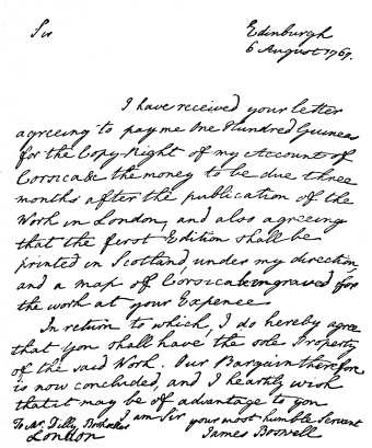 COPY OF JAMES BOSWELL’S AGREEMENT WITH MR. DILLY,
RECITING THE TERMS AGREED ON FOR THE PUBLICATION OF “CORSICA”