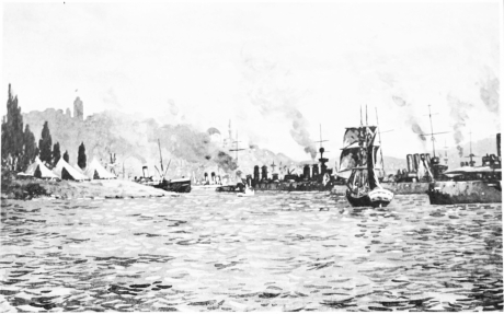 Seraglio Point
The entrance to the Golden Horn with foreign warships: a white-painted
Dutch man-of-war, the Gelderland; the French cruiser, Léon Gambetta;
H.M.S. Weymouth; and an Austrian battleship. In the distance the Tower
of Galata.
