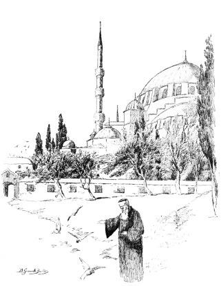 The Mosque of Suleiman
Built by this Sultan to commemorate his many victories. Flights of white
pigeons hover round this shrine, and pious Moslems seldom pass by
without buying some food for them from hawkers who have pitched their
business here.