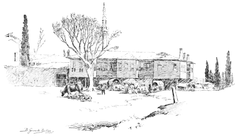 A Disused Monastery
Near the Golf-links on the heights overlooking the upper reaches of the
Golden Horn. Here also refugees cluster around the dilapidated walls
waiting patiently for transport to Asia Minor.