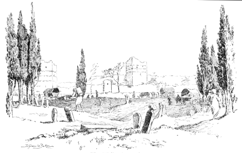 The Walls of Theodosius
Outside these walls refugees from Thrace and Macedonia settled on their
way back to Asia Minor. They camped among the graves of fallen warriors
of their faith, and cut down for firewood the centuries-old cypress
trees.