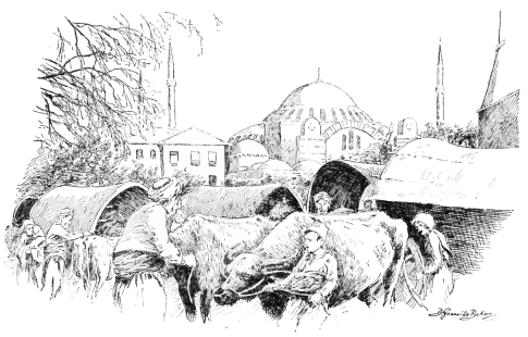 The Mosque of St. Sophia
Refugees from Thrace, seeking shelter in the courtyard of the Mosque of
Achmet. In the background the Mosque of St. Sophia.