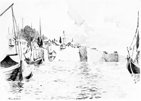 The Sea-walls of Constantinople
Above them rises the dome of Little St. Sophia, behind which again looms
the mighty Mosque of Achmet.