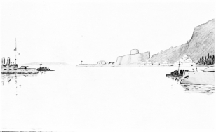The Dardanelles
Turkish warships, cleared for action, lying in wait for the Greek
fleet.