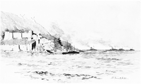 Tenedos
An island close to the Asiatic side of the entrance to the Dardanelles.
It served as a base for Greek torpedo-boat destroyers. Here one of these
held up the ship I was sailing in.