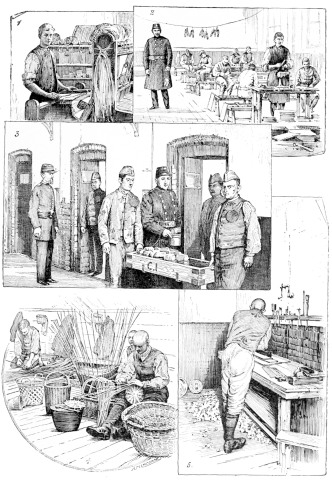 CONVICTS AT WORK.

1. Mat-making.
2. Boot-making.
3. Serving Dinner.
4. Basket-weaving.
5. Carpentry in Cell.

Photos: W. H. Grove, Brompton Road, S.W.