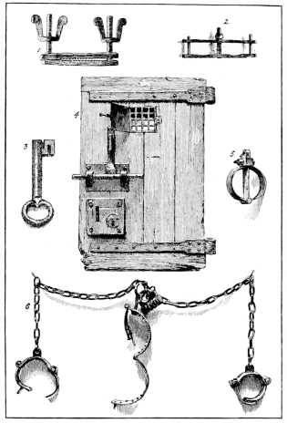 RELICS OF THE BASTILLE AND OTHER FRENCH PRISONS.

(In the possession of Madame Tussaud & Sons, Limited.)

1. Hand Crusher. 2. Thumb-screw. 3. Key of the Bastille. 4. Dungeon Door
from the Abbey Prison, Paris. 5. Handcuffs. 6. Wrist and Neck-irons.