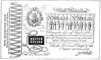 IMITATION BANKNOTE ETCHED BY GEORGE CRUIKSHANK IN 1818,
SATIRISING THE INFLICTION OF CAPITAL PUNISHMENT FOR FORGERY.
