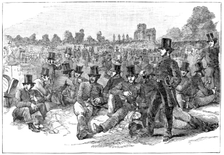 THE POLICE FORCE ON BONNER’S FIELDS DURING THE CHARTIST
DISTURBANCES IN 1848.

(From an Engraving in “The Illustrated London News.”)