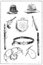 EQUIPMENTS OF THE NEW YORK POLICE.

1. Winter Helmet.
2. Summer Hat.
3. Revolver.
4. Shield.
5. Day Stick.
6. Rosewood Baton for Parade.
7. Belt and Frog.
8. Night Stick.
9. Handcuffs (new style).
10. Nippers.