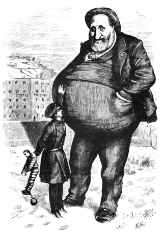 CAN THE LAW REACH HIM? (“BOSS” TWEED DEFYING THE LAW.)

(From a Cartoon in “Harper’s Weekly” 1872)