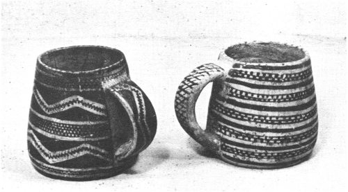 Mesa Verde-style pottery mugs. Left mug: Diameter at bulge, 4⅓&Prime;; Diameter at mouth, 3&Prime;; Height, 4&frac14;&Prime;. Right mug: Diameter at bulge, 4⅓&Prime;; Diameter at mouth, 3&Prime;; Height, 4&frac14;&Prime;.