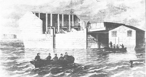 Artist&rsquo;s conception of the Confederate floating battery. The structure at the right was designed to be a hospital. From Frank Leslie&rsquo;s Illustrated Newspaper, March 30, 1861.