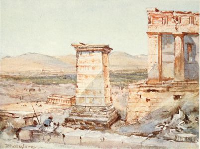 ATHENS. THE MONUMENT OF AGRIPPA AND THE PINACOTHECA

Behind the lofty pedestal of the monument of Agrippa is the temple of
Theseus; to the right the sub-structures and part of the north wing of
the Propylæa (the Pinacotheca). To the left we have the wall of the
terrace or bastion of the Temple of Wingless Victory. The distant view
gives the plain of the Kephissus and the mountains of Daphni.