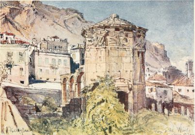 THE TOWER OF THE WINDS

To the left, part of the aqueduct which supplied the water-clock; in the
background, the north side of the Acropolis, surmounted by the wall of
Themistocles.