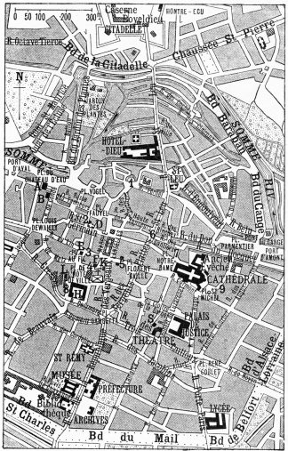 CENTRE OF AMIENS

1. Place Samarobrive.
2. Rue Pingré.
3. Rue des Chaudronniers.
4. Passage Gossart.
5. Rue St.-Martin.

6. Rue du Bloc.
7. Rue St. Firmin the Confessor.
8. Rue de la Malmaison.
9. Rue de Metz-l’Évêque.

A&mdash;Old Water-Works (Museum); B&mdash;Hôtel Morgan de Belloy; D&mdash;St. Germain’s Church;
E&mdash;Belfry; F&mdash;House of the White Gable; H&mdash;Hôtel de Ville; K&mdash;Archer’s house;
L&mdash;Bailliage; S&mdash;Logis du Gouverneur du Roi.
