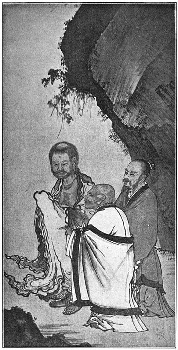 De drie Stichters der drie in China beleden Leeren, Lao Tsz&rsquo; (de kleinste figuur, vooraan), Confucius (in &rsquo;t midden) en de Boeddha Shakyamuni. Samen broederlijk &eacute;&eacute;n.
