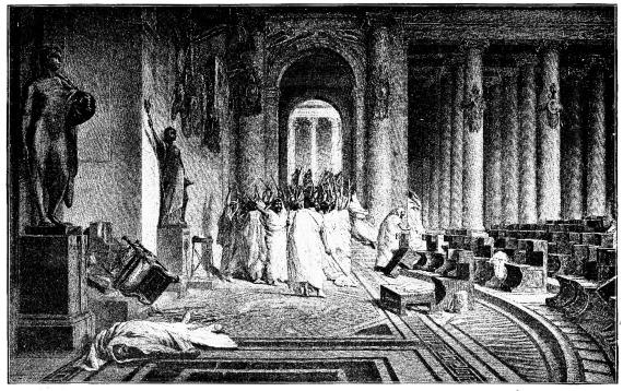 Image unavailable: BRUTUS AND HIS ASSOCIATES LEAVING THE SENATE CHAMBER AFTER THE
STABBING OF CAESAR.

“Battles five hundred he fought, and a thousand cities he conquered;
Finally he was stabbed by his friend, the orator, Brutus!”

