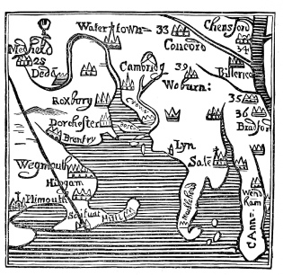 Image unavailable: The Earliest Map of Boston Bay and the Settlements of
the Pilgrims. Direction North is Toward
the Right Hand.