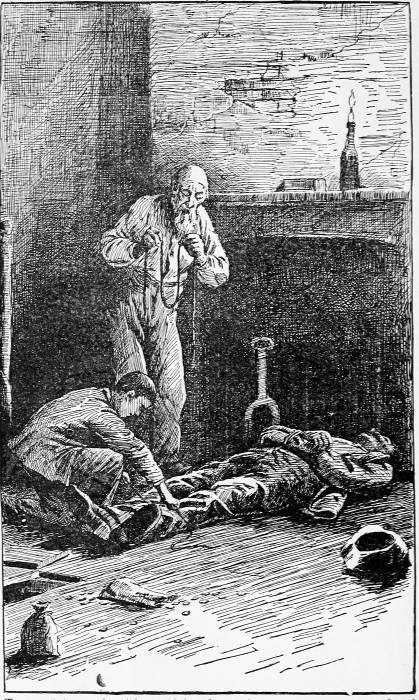 Tony set to work with rapid hands to tie the prostrate
tramp hand and foot
