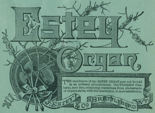 Estey Organ The excellences of the ESTEY ORGAN
may not be told in an ordinary advertisement. Our Illustrated
Catalogue, sent free, containing engravings from photographs of
elegant styles, with full description, is more satisfactory

J:Estey & Co Brattleboro Vt.