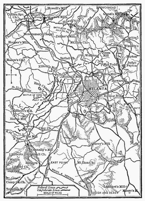 Map of the Atlanta, GA area, showing the Federal and Confederate lines.