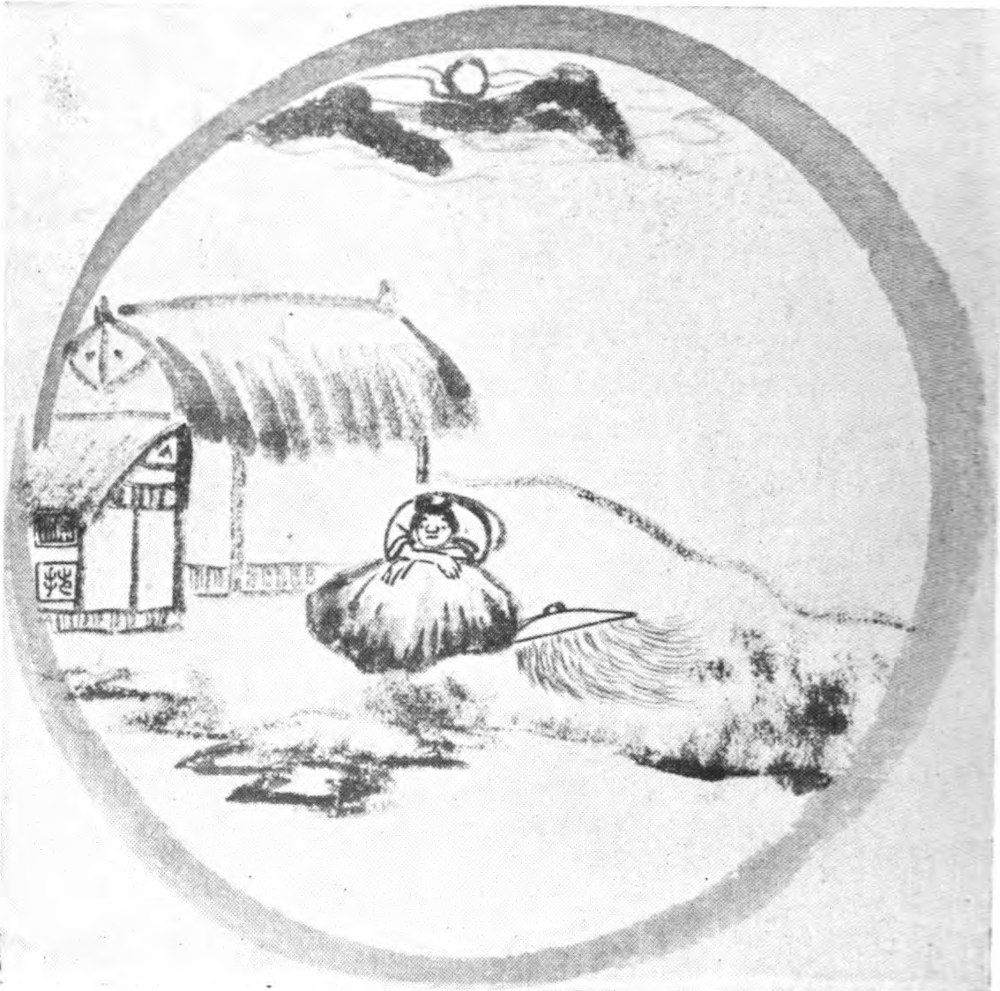 Drawing of a person sitting outside a thatched-roofed
  house