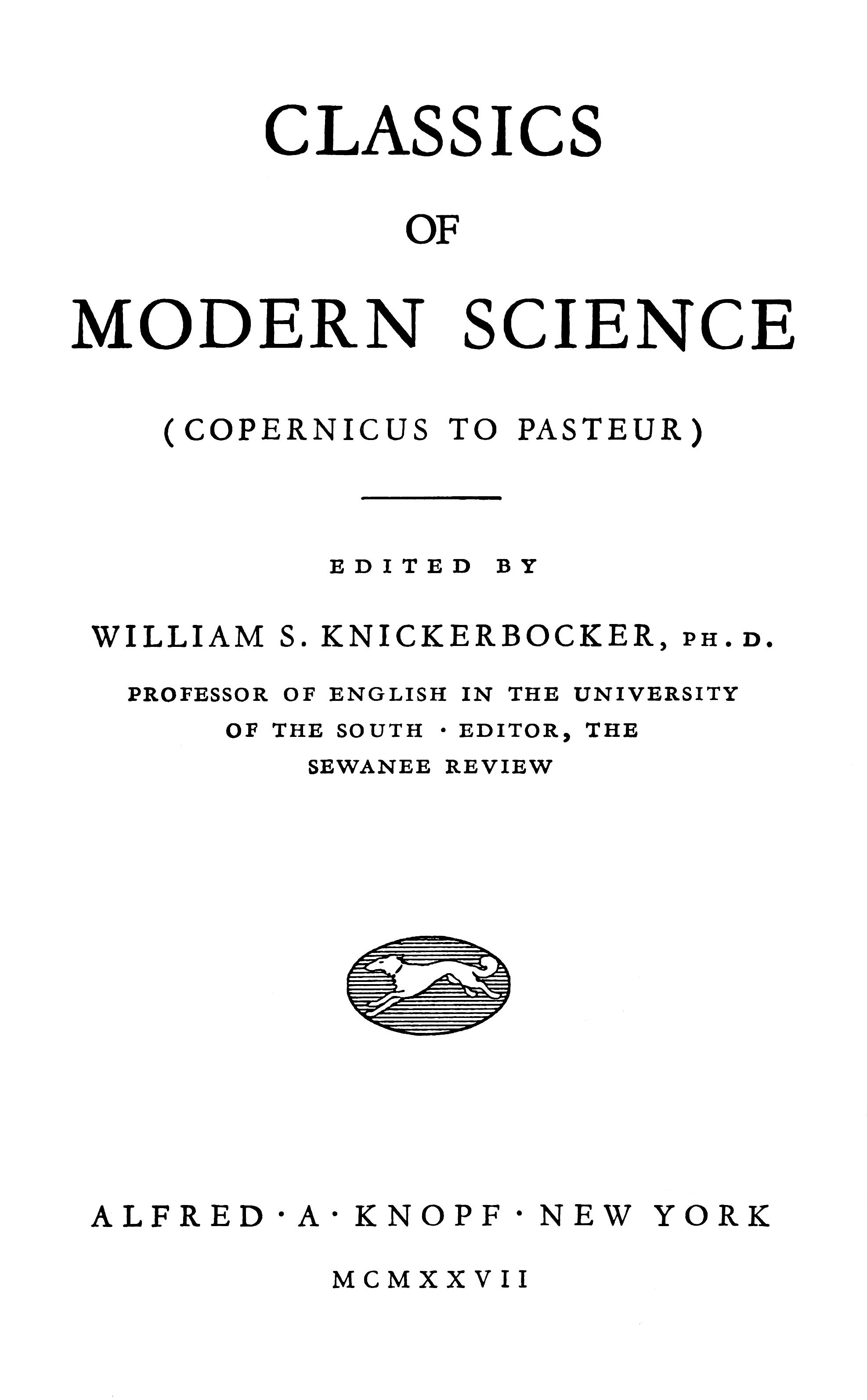 Title
page of the book Classics of Modern Science.